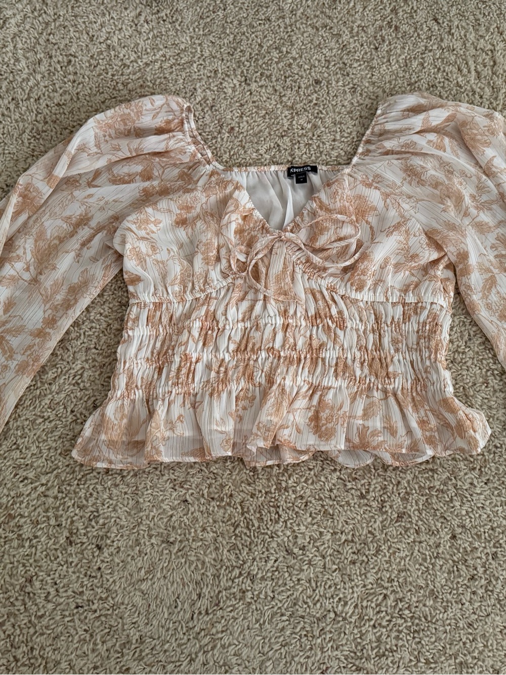 Express Peach Floral Smocked Tie-Front Blouse